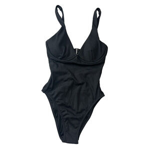 Madewell Ribbed Underwire Open Back One Piece Swimsuit XXS Black V Neck UPF 50